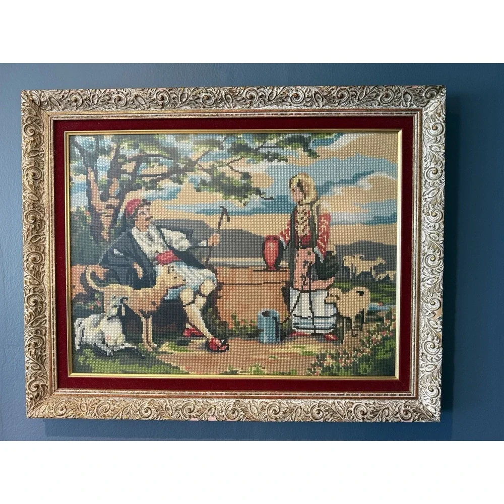 Vtg Greek Needlepoint Wall Art Pair Framed Traditional Evzone & Woman 28